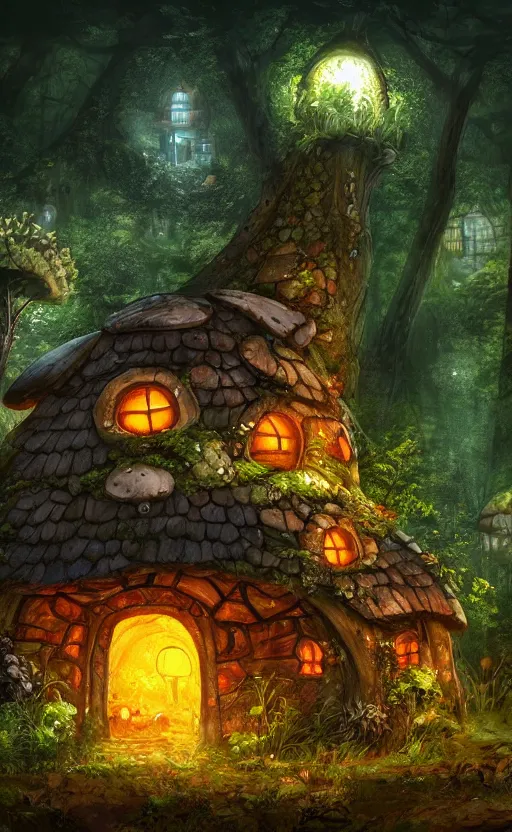 Image similar to a mushroom house in the middle of a forest at night, the lights are on, dynamic lighting, photorealistic fantasy concept art, trending on art station, stunning visuals, creative, cinematic, ultra detailed