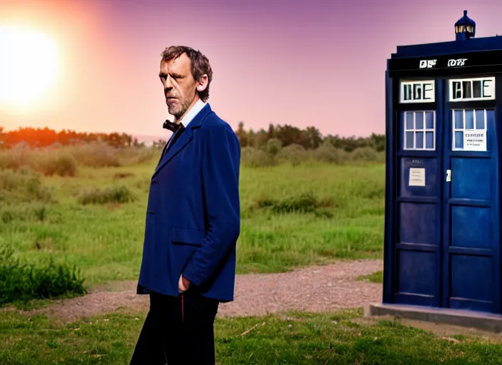 Image similar to dslr photo portrait still of hugh laurie as doctor who in front of the tardis at sunset, 8 k, 8 5 mm f 1. 4