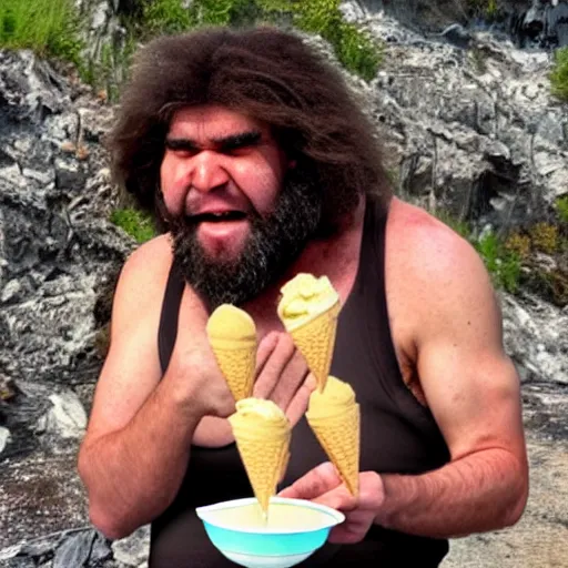 Image similar to photo of a neanderthal caveman eating ice cream