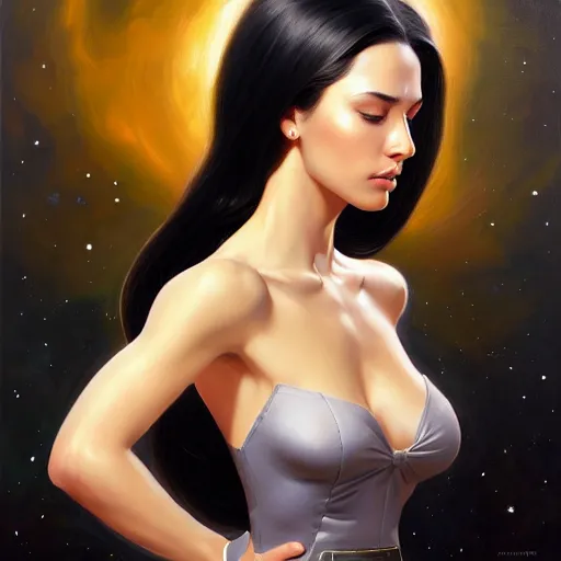 Image similar to a portrait of a very beautiful woman in a spacesuit, Alexandria\'s genesis, shoulder-length black hair, bored, illustration, soft lighting, soft details, painting oil on canvas by mark arian by artgerm, trending on artstation, 4k, 8k, HD