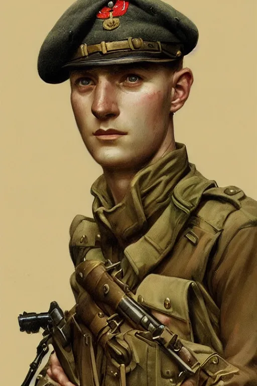 Prompt: A full portrait of a british world war two soldier, intricate, elegant, highly detailed, digital painting, artstation, concept art, smooth, sharp focus, illustration, art by Krenz Cushart and Artem Demura and alphonse mucha