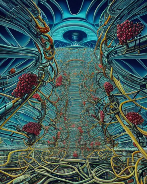 Prompt: Twisting alien architecture, james jean and chris mars