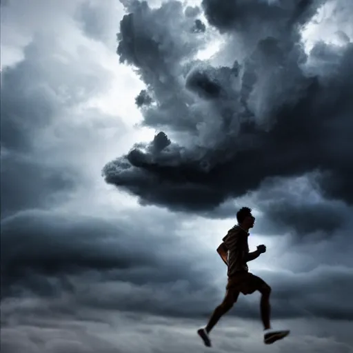 Prompt: man running from the stormy clouds by Magnum Photos, clean, detailed, award winning