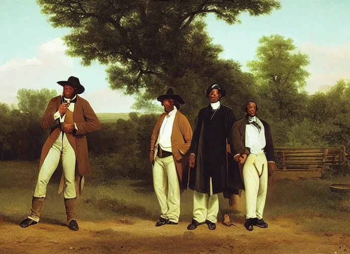 Image similar to white and black people are friends in the old south, art by george caleb bingham and thomas anshutz