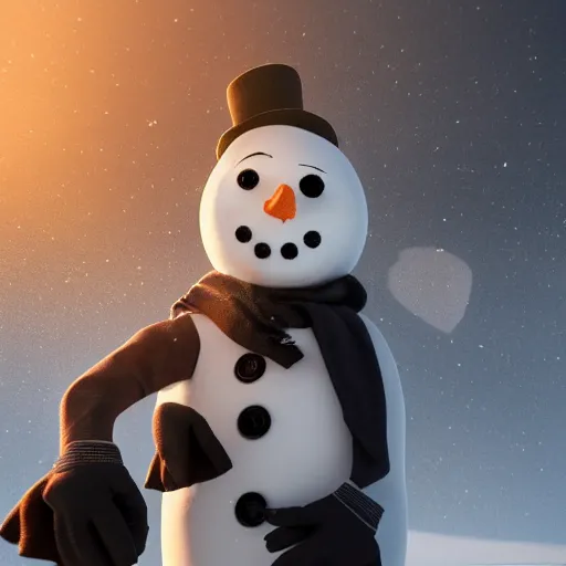 Image similar to a highly detailed humanoid snowman in business suit with black eyes and mouth, no nose, artstation, DeviantArt, professional, octane render, sunset lighting