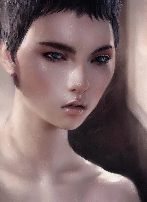 Image similar to girl with short white hair, beautiful highly detailed face, beautiful painting by artgerm and greg rutkowski and raymond swanland