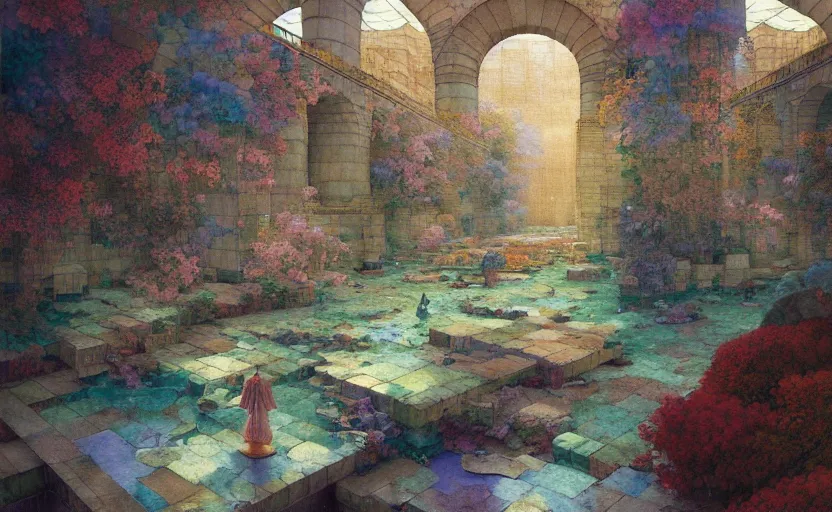 Image similar to tiled room squared waterway, aqueducts, fantasy. intricate, amazing composition, colorful watercolor, by ruan jia, by maxfield parrish, by marc simonetti, by hikari shimoda, by robert hubert, by zhang kechun, illustration, gloomy