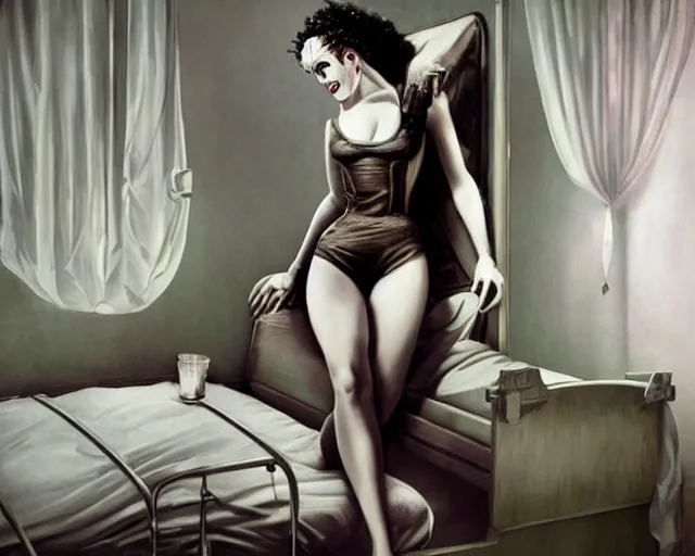 Prompt: phtorealistic modern pin up of the bride of frankenstein posing in a bed in the room of a sanatarium, full body, campy color scheme, realistic, center, smooth, detailed, aly fell, daniela uhlig