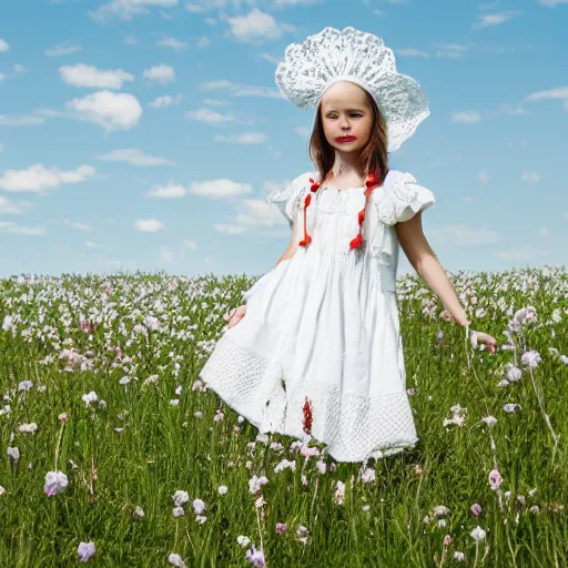 Image similar to beautiful pioneer girl in a meadow, white lacy dress and bonnet, portrait