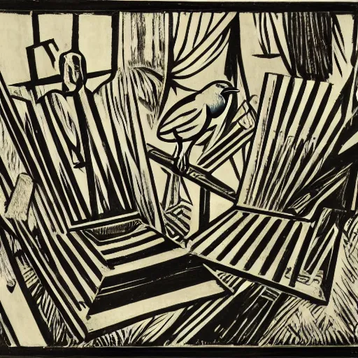 Prompt: a townsend's warbler perched on the back of an adirondack chair, german expressionist woodcut, kathe kollwitz, ernst ludwig kirchner, max beckmann, max pechstein, black and white