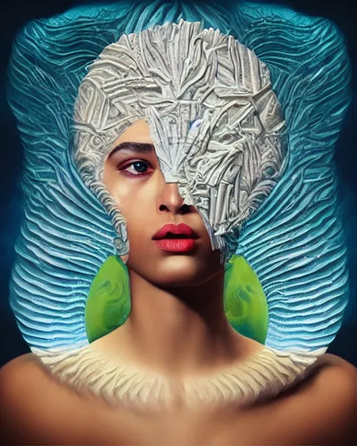 Image similar to cherub themed surrealist portrait art in the styles of igor morski, jim warren, and aida muluneh, intricate, hyperrealistic, accurate facial details, profile picture with chromakey!!!!! background, volumetric lighting