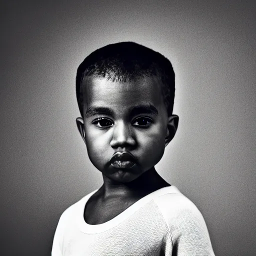 Prompt: the face of young kanye west wearing yeezy clothing at 3. 5 years old, black and white portrait by julia cameron, chiaroscuro lighting, shallow depth of field, 8 0 mm, f 1. 8