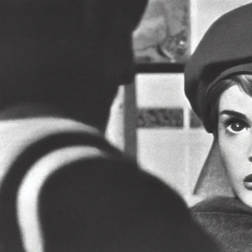 Image similar to still from a masterpiece 1 9 6 0 s french art film, very beautiful and elegant girl in beret with large eyebrows sits in the far background with an angry expression, moody lighting, viewed from afar, cinematic shot, the camera is focused on her conversation with a man, color film