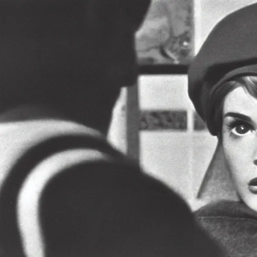 Prompt: still from a masterpiece 1 9 6 0 s french art film, very beautiful and elegant girl in beret with large eyebrows sits in the far background with an angry expression, moody lighting, viewed from afar, cinematic shot, the camera is focused on her conversation with a man, color film
