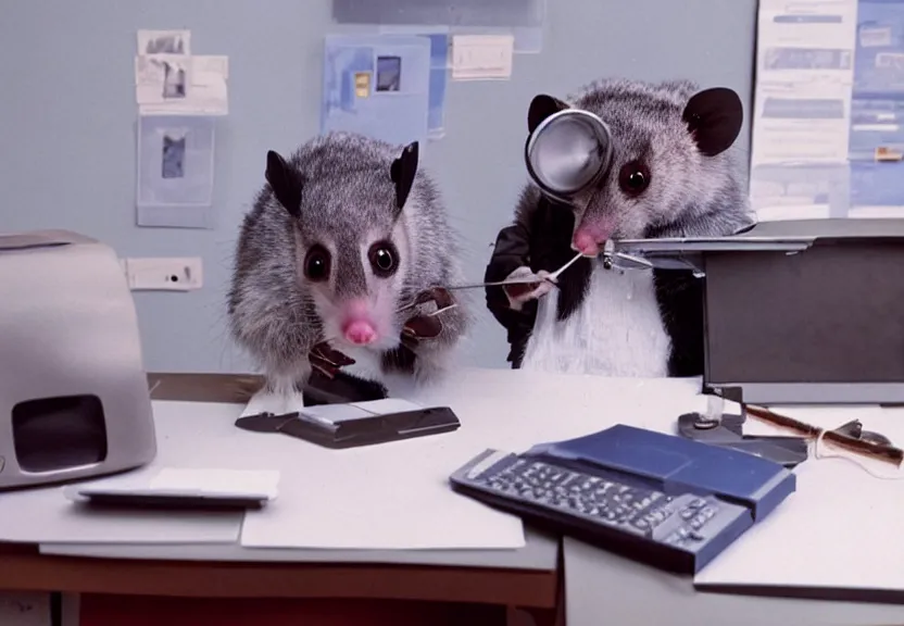 Prompt: possum dressed as an office worker, working on a desktop computer, in a 1980s office, old photo, colorized, trending on Artstation, award-winning