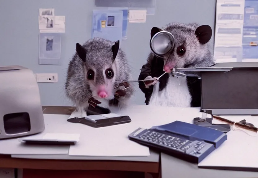 Image similar to possum dressed as an office worker, working on a desktop computer, in a 1980s office, old photo, colorized, trending on Artstation, award-winning