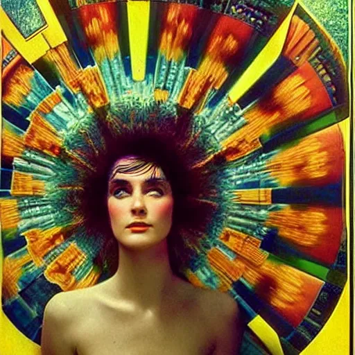 Image similar to beautiful futuristic super schizophrenic psychedelic superhuman, lush detail, national geographic, steichen, herb ritts, roger deakins, anne leibovitz, alphonse mucha, sharp focus, ultra - realistic, hyperrealism, isotonic