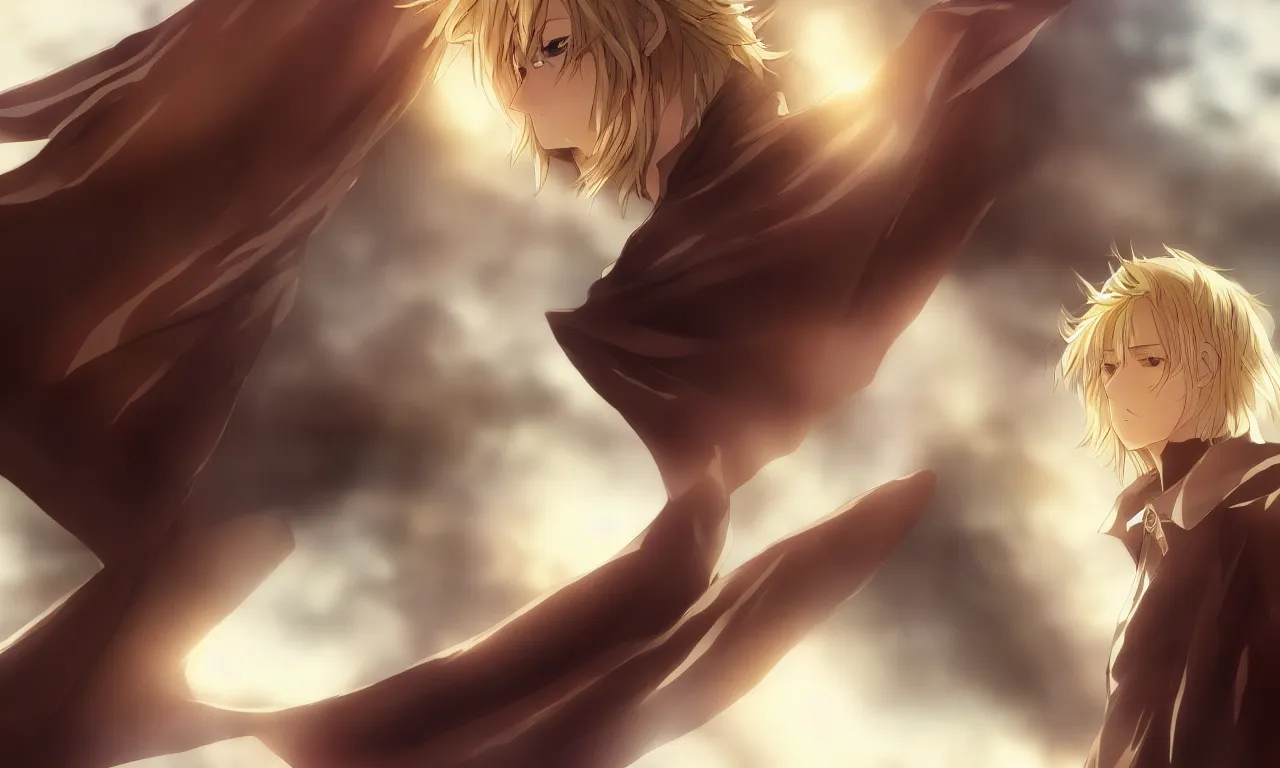 Image similar to blonde boy with golden eyes wearing a brown cape, anime screenshot, mappa studio artstyle, hyper realistic, pale skin, extreme detail, trending artstation, hd, fantasy, realistic lighting, sharp focus, backlit