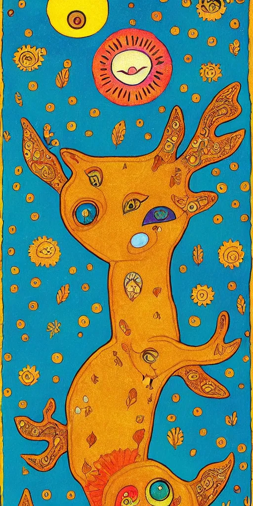 Image similar to tiny golden deer glowing eyes and sun ray mane and singing dolphins, children's book illustration, traditional folk art style, gouache on paper, outsider art, David Palladini, Hisako Aoki, tarot card, Henry Darger, Louis Wain