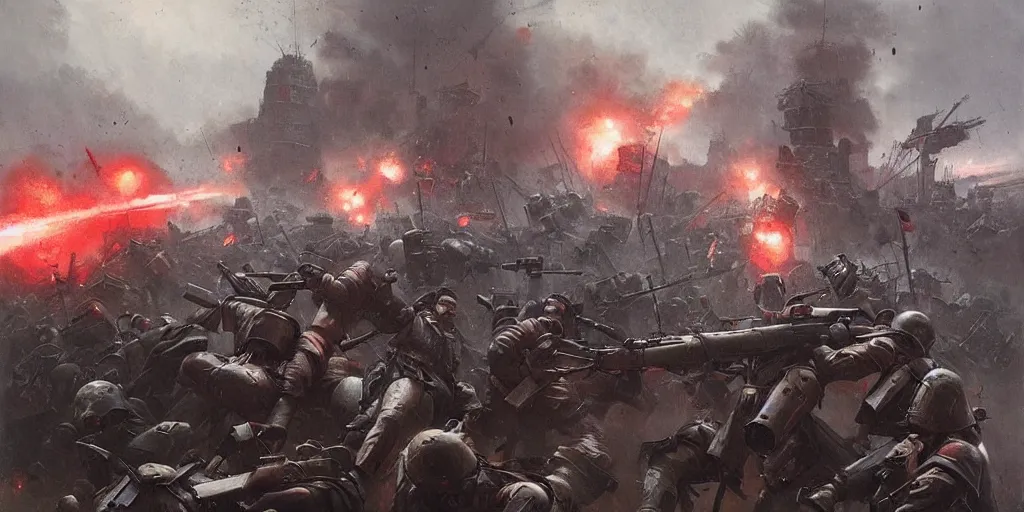 Prompt: french army and civilians are getting slaughtered by samurai robots in the interbellum paris, detailed painting, intense heavy street battle, bullet hell, pile of bodies, artillery bombings, blood on the streets, art by greg rutkowski and jakub rozalski