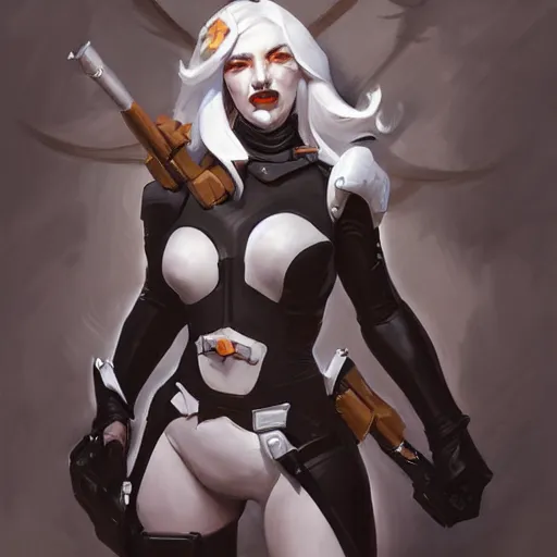 Image similar to greg manchess portrait painting of partially armored lady death as overwatch character, medium shot, asymmetrical, profile picture, organic painting, sunny day, matte painting, bold shapes, hard edges, street art, trending on artstation, by huang guangjian and gil elvgren and sachin teng