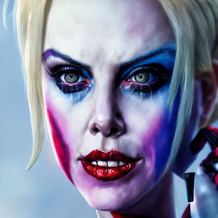 Prompt: portrait of charlize theron as a harley quinn in suicide squad. intricate abstract. intricate artwork. by tooth wu, wlop, beeple, dan mumford. octane render, trending on artstation, greg rutkowski very coherent symmetrical artwork. cinematic, hyper realism, high detail, octane render, 8 k, iridescent accents
