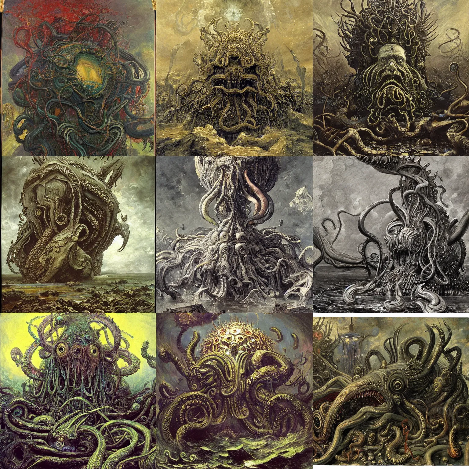 Prompt: inconceivably otherworldly elder god taking form, maximalism painting by dore, richard schmid, ilya repin, hp lovecraft,