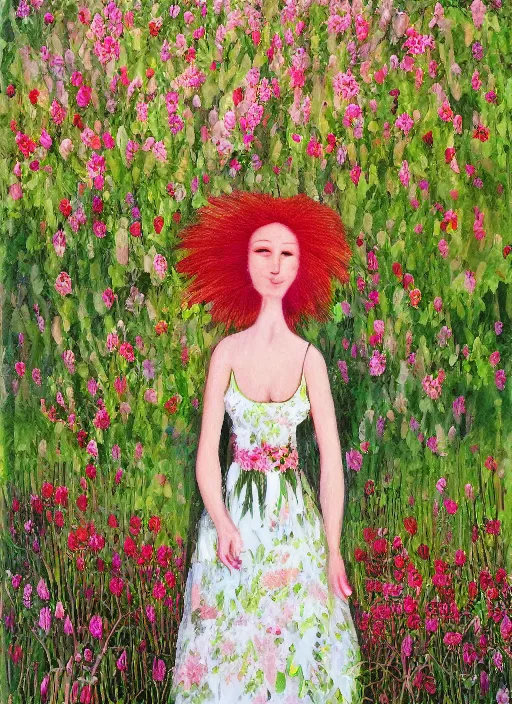 Prompt: Woman in the Black Forest of Eden, wearing a pink dress, standing among flowers, she has red hair, style by Lys Freud 14K