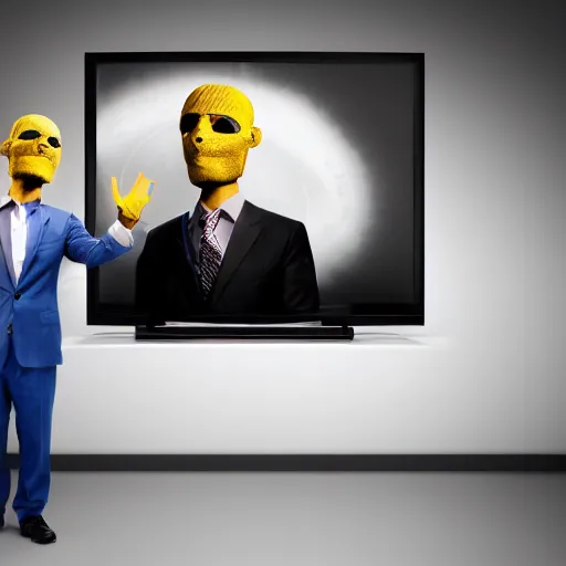 Prompt: a man in a suit wearing a tv on his head, head replaced with a tv, tv covering head