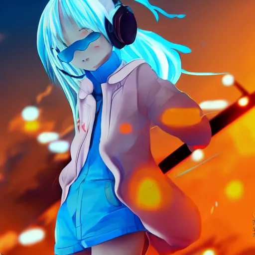 Prompt: Splash art Anime loli, blond hair with pigtails, blue coat, and black shorts, she flies by using blue neon powers through the city. Cinematic sunset, faint orange light. Amazing piece Trending on Artstation