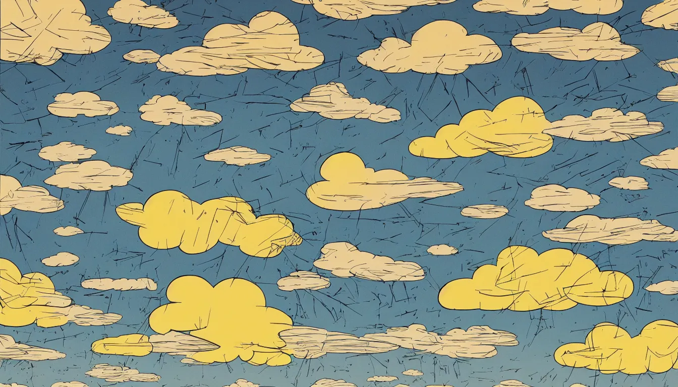 Image similar to clouds in the shape of charlie brown light rays by dan mumford and peter doig and hey arnold, symmetrical, minimal, black ink, thick lines highly detailed, muted colours 8 k