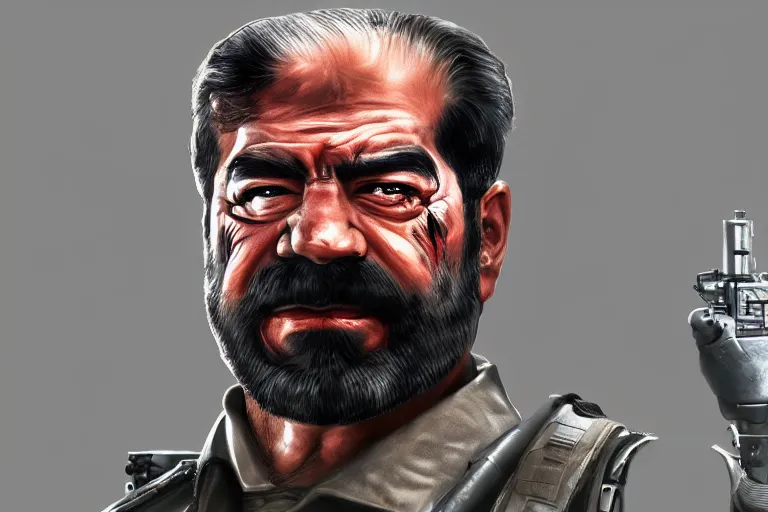 Image similar to saddam hussein as t - 8 0 0, unreal engine, concept art, artstation, highly detailed render