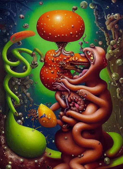 Image similar to hyper detailed Oil painting - Pepe Eats of the Strangling Fruit and His gossamer polyp blossoms bring iridescent fungal flowers whose spores black the foolish stars by Jacek Yerka, Mariusz Lewandowski, Abstract brush strokes, Masterpiece, Edward Hopper and James Gilleard, Zdzislaw Beksinski, Mark Ryden, Wolfgang Lettl, hints of Yayoi Kasuma