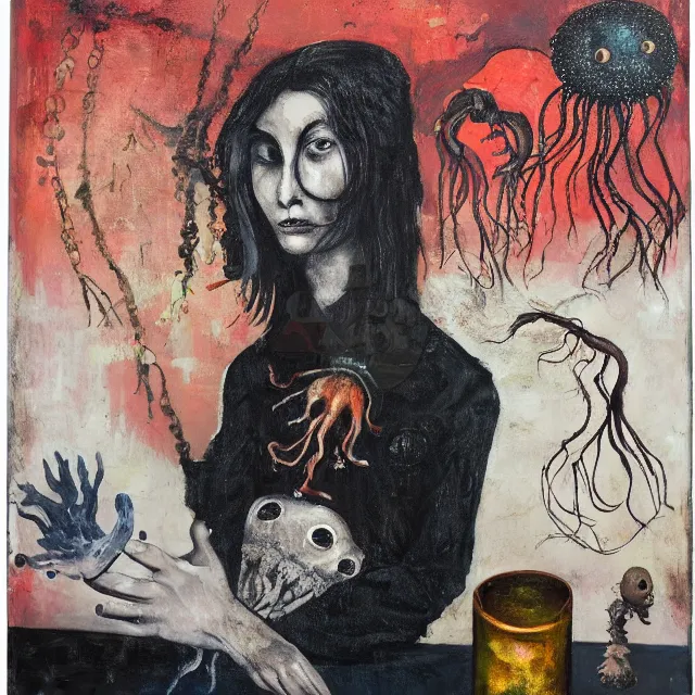 Prompt: a dark apartment with black walls, portrait of female art student holding an octopus, jellyfish, shipwreck, berries, trash, starfish, coral, rocks, intertidal zone, empty pet bottles, scientific glassware, neo - expressionism, surrealism, acrylic and spray paint and oilstick on canvas