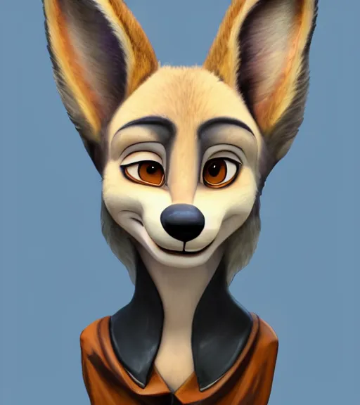 Image similar to oil painting bust of anthromorphic female wolf, in style of zootopia, zootopia, zootopia, fursona, furry, furaffinity, 4 k, deviantart, furry art, fursona art, wearing black business suit, business suit, in style of zootopia, wolf fursona, cyberpunk, female, expressive detailed feminine face,