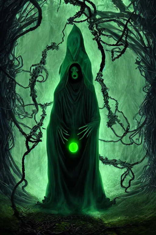 Image similar to A full body portrait of a ghost like shaman with no face, glowing eyes and a very long hooded dark green cloak of leaves and vines, forest spirits flying in the background art by Shaddy Safadi and Jason Chan, ominous, cosmic horror, trending on artstation, Ultra detailed, hyper realistic 4k
