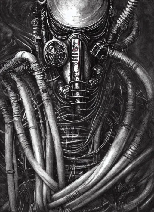 Image similar to Dark scary atmospheric detailed cyberpunk demon with mechanical wires wearing GAS MASK from the NetherRealm smoke mist vapor atmosphere by HR Giger