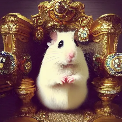 Prompt: “ a hamster wearing royal clothing, surrounded by wealth, beautiful female hamsters surrounding him ”