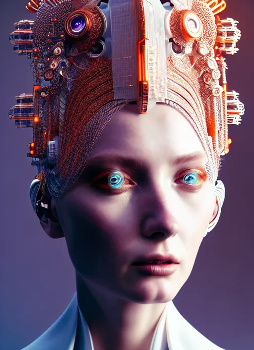 Image similar to portrait of an absurdly beautiful, graceful, sophisticated, fashionable cyberpunk mechanoid, hyperdetailed illustration by irakli nadar and alexandre ferra, intricate linework, white porcelain skin, faberge, coral headdress, unreal engine 5 highly rendered, global illumination, radiant light, detailed and intricate environment