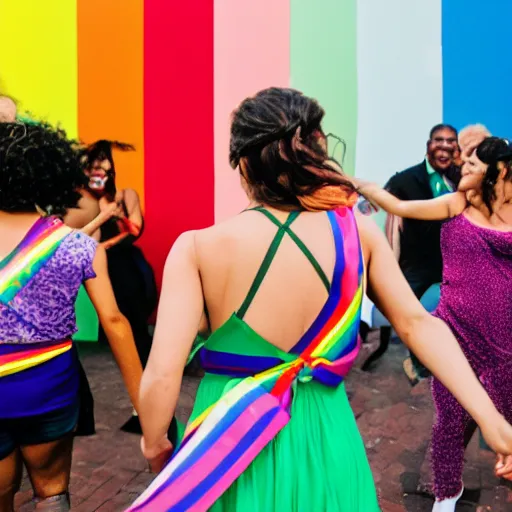 Image similar to people dancing with rainbow ribbons of color