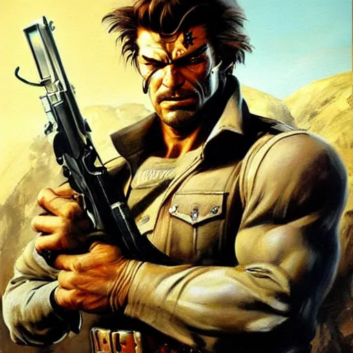 Prompt: ultra realistic portrait painting of solid snake as a western outlaw, art by frank frazetta, 4 k, ultra realistic, highly detailed, epic lighting