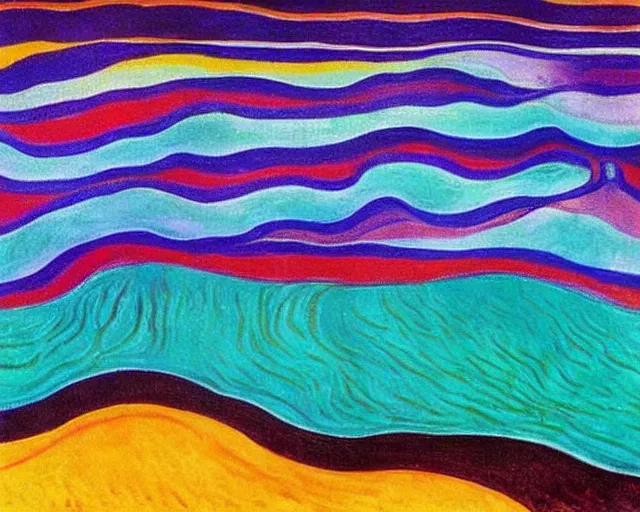 Prompt: Ocean waves in a psychedelic dream world. DMT. Curving rivers. Landscape painting by Edvard Munch. David Hockney.
