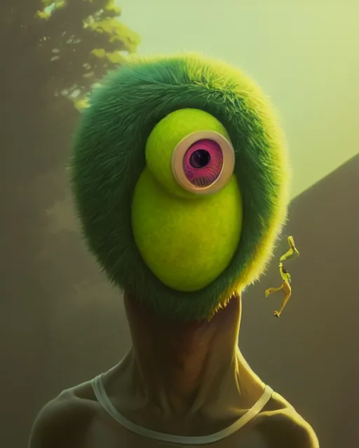 Image similar to highly detailed vfx portrait of a character of a tennis ball monster stephen bliss, unrealengine, greg rutkowski, loish, rhads, beeple, makoto shinkai and lois van baarle, ilya kuvshinov, rossdraws, tom bagshaw,