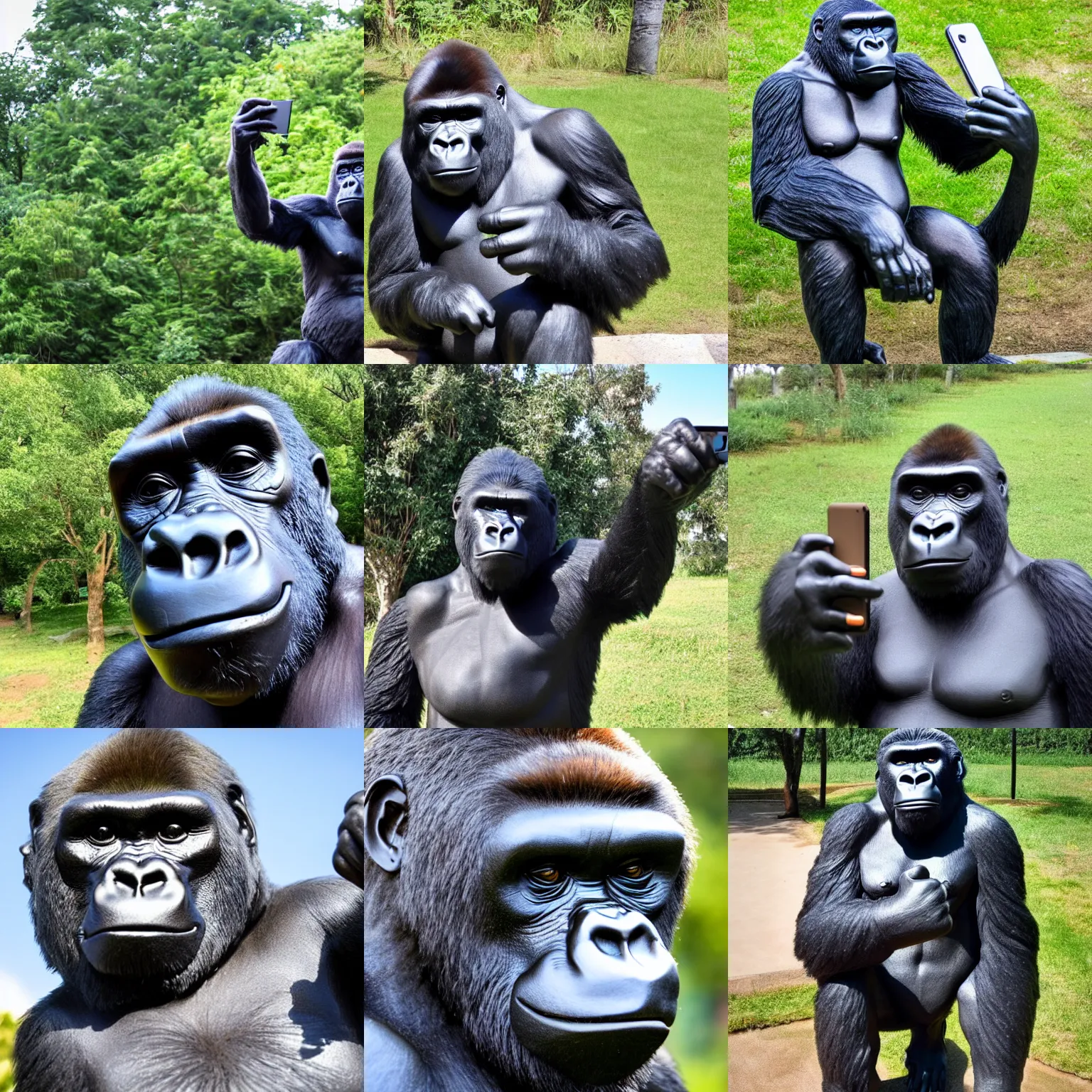 Prompt: gorilla taking a selfie, bronze statue