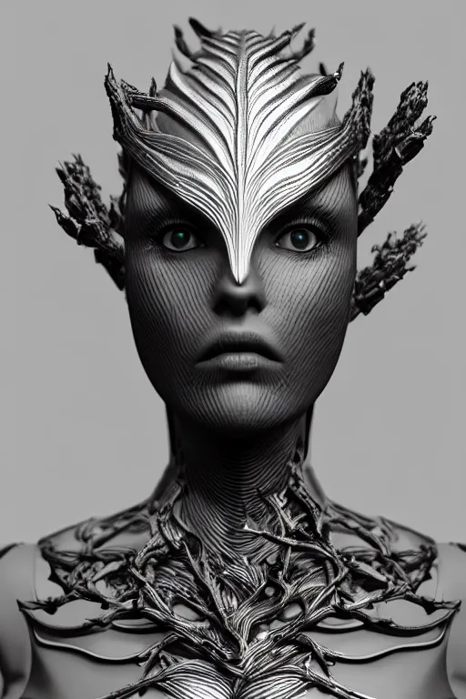 Image similar to bw close - up profile face, black background, beautiful young porcelain vegetal - dragon - cyborg - female, 1 5 0 mm, beautiful natural soft rim light, silver gold details, magnolia leaves and stems, roots, mandelbot fractal, elegant, ultra detailed, white metallic armour, octane render, h. r. giger style