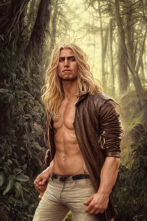 Image similar to portrait of a blonde herculian man in a leather - jacket, flowing hair, forest, full body, muscular, fantasy, intricate, elegant, highly detailed, digital painting, artstation, concept art, sharp focus, illustration, art by artgerm and greg rutkowski and alphonse mucha