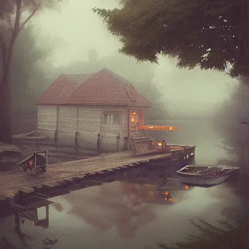 Image similar to movie scene of a bait and tackle shack, a wooden dock and fisher boats on a very misty day, cinematic, very mysterious mood, by greg rutkowski, loish, rhads, ferdinand knab, makoto shinkai and lois van baarle, artgerm, pixar, ilya kuvshinov, rossdraws, tom bagshaw, global illumination