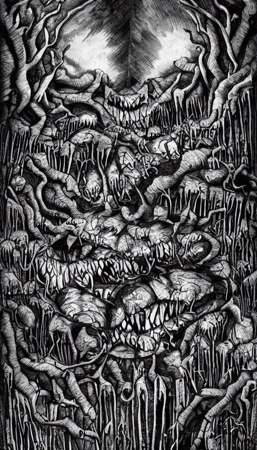 Prompt: a storm vortex made of many demonic eyes and teeth over a forest, by studio 4 c