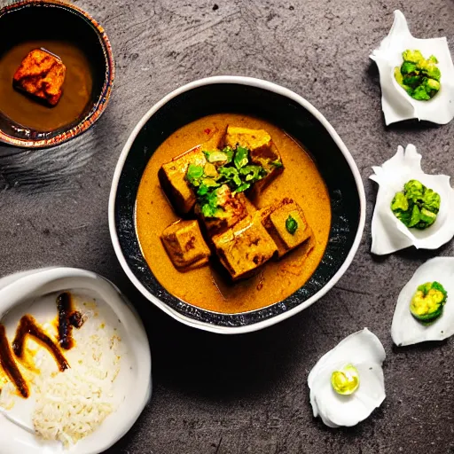 Prompt: tofu rendang curry, michelin starred restaurant, food photography