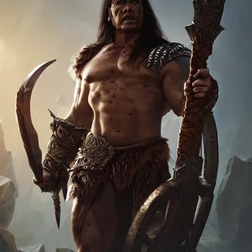 Image similar to conan the barbarian in diablo 3, au naturel, hyper detailed, digital art, trending in artstation, cinematic lighting, studio quality, smooth render, unreal engine 5 rendered, octane rendered, art style by klimt and nixeu and ian sprigger and wlop and krenz cushart